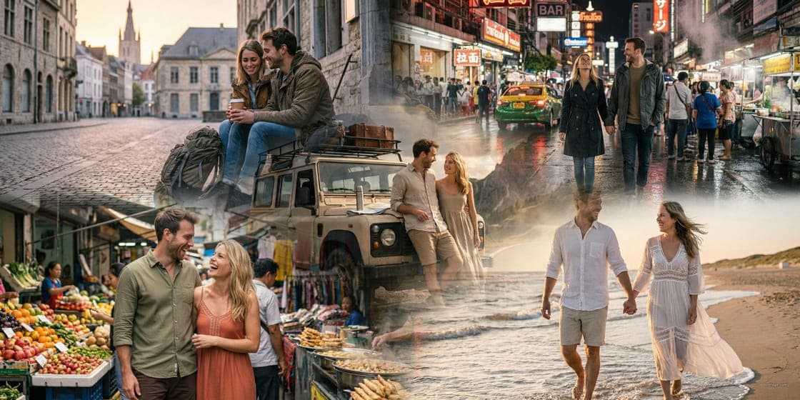 A Coollage travel collage combining market, city and beach family photos