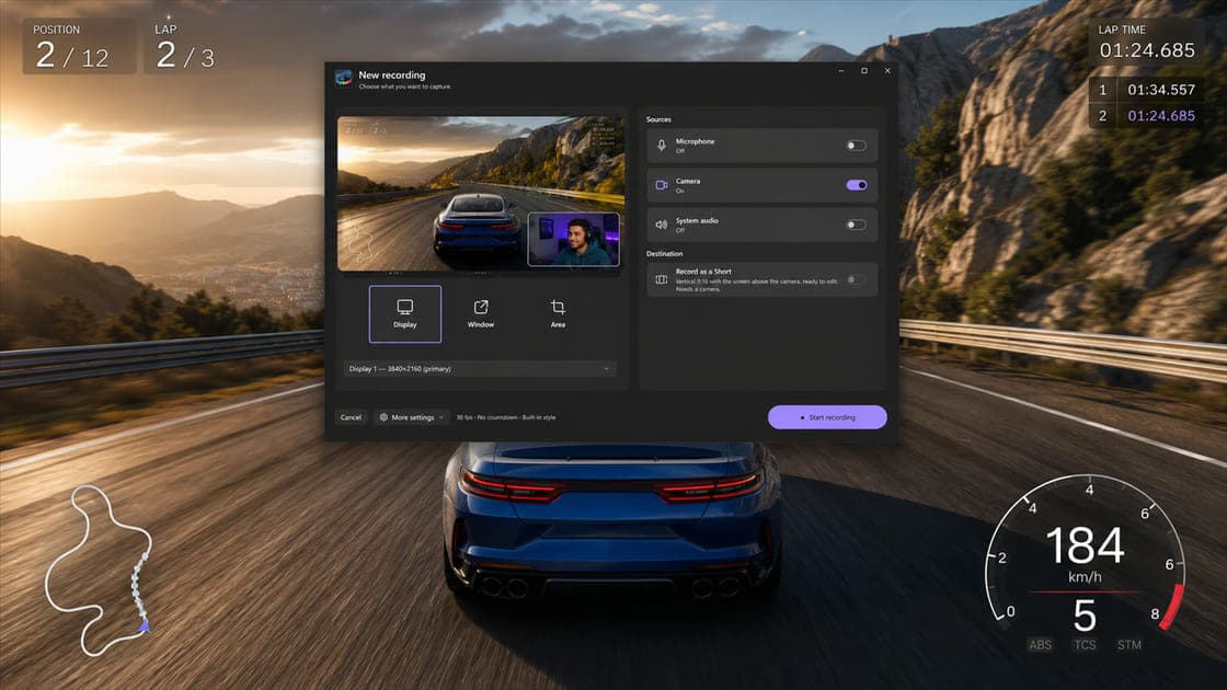 Screen Reel new recording dialog with microphone, camera and system audio toggles, display, window and area pickers, and a Record as a Short option