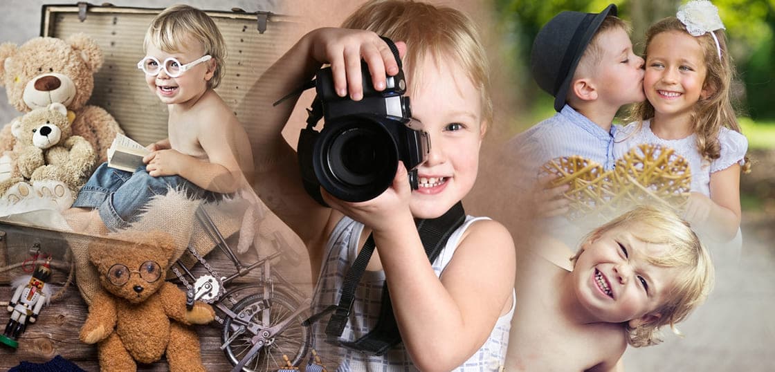 Un collage familiar en Coollage con niños posando con juguetes y una cámara